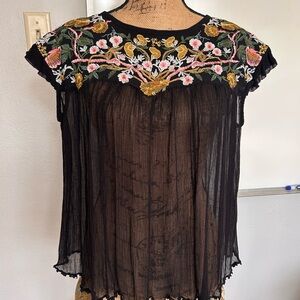 Anthropologie Black Sheer Blouse with Floral Embroidery
